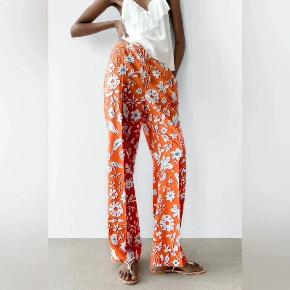 Zara Linen Blend Floral Printed Pants Trousers High Rise Wide Leg Size Small